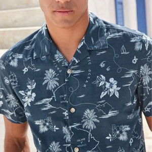 Navy Blue Hawaiian Printed Cuban Collar Short Sleeve Shirt