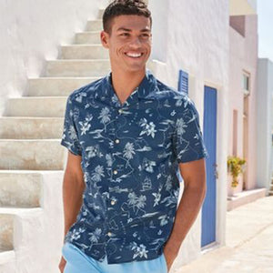 Navy Blue Hawaiian Printed Cuban Collar Short Sleeve Shirt