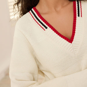 Ecru White Tipped Rib Mix V-Neck Jumper