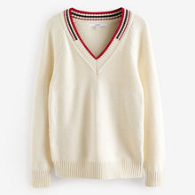 Load image into Gallery viewer, Ecru White Tipped Rib Mix V-Neck Jumper
