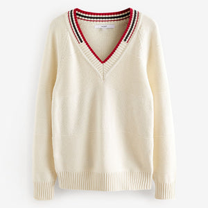 Ecru White Tipped Rib Mix V-Neck Jumper