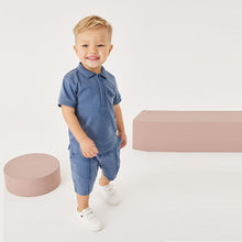 Load image into Gallery viewer, Blue Short Sleeve Jersey Zip Neck Polo Shirt And Shorts Set (3mths-6yrs)
