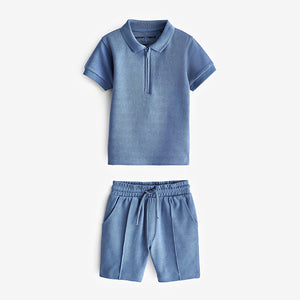 Blue Short Sleeve Jersey Zip Neck Polo Shirt And Shorts Set (3mths-6yrs)