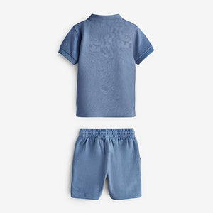 Blue Short Sleeve Jersey Zip Neck Polo Shirt And Shorts Set (3mths-6yrs)