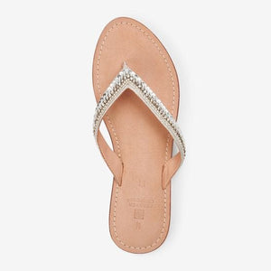 Silver Forever Comfort Leather Embellished Toe Thong Flat Sandals