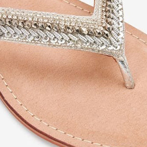 Silver Forever Comfort Leather Embellished Toe Thong Flat Sandals