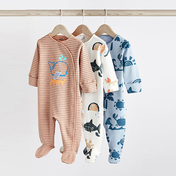 Blue/Orange Baby Sleepsuits 3 Pack (0-2yrs)