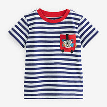 Load image into Gallery viewer, Navy Blue / White Stripe Bus Pocket T-Shirt (3mths-6yrs)
