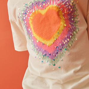 Ecru White Sequin Tie Dye Heart T-Shirt (3-12yrs)