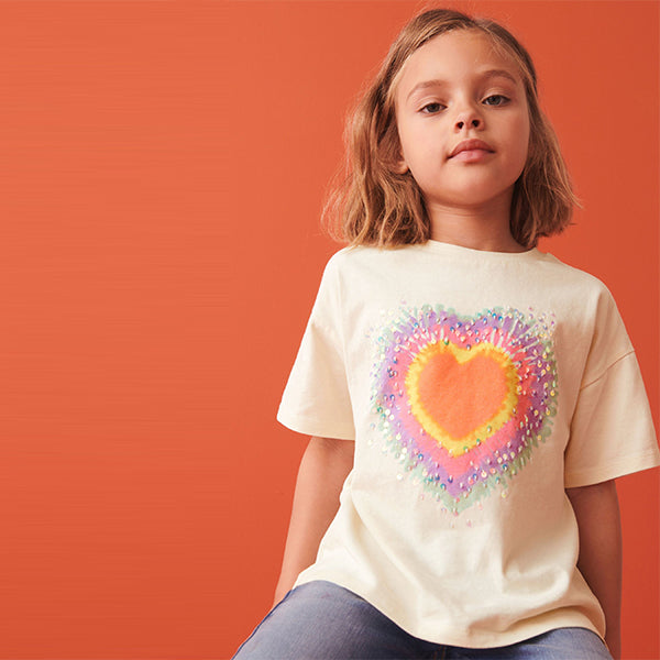 Ecru White Sequin Tie Dye Heart T-Shirt (3-12yrs)