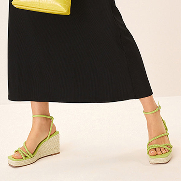 Lime Green Forever Comfort Twist Strap Detail Square Toe Wedge Sandals