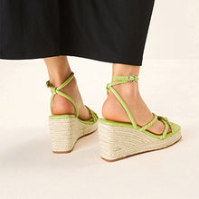 Load image into Gallery viewer, Lime Green Forever Comfort® Twist Strap Detail Square Toe Wedge Sandals
