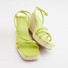 Load image into Gallery viewer, Lime Green Forever Comfort® Twist Strap Detail Square Toe Wedge Sandals
