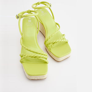 Lime Green Forever Comfort® Twist Strap Detail Square Toe Wedge Sandals