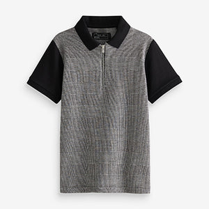 Grey Check Short Sleeve Zip Neck Polo Shirt (3-12yrs)
