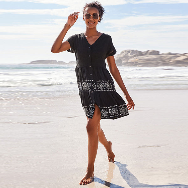 Black Embroidery Detail Linen Blend Tiered Mini Dress
