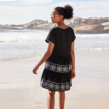 Load image into Gallery viewer, Black Embroidery Detail Linen Blend Tiered Mini Dress
