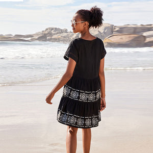 Black Embroidery Detail Linen Blend Tiered Mini Dress