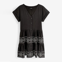 Load image into Gallery viewer, Black Embroidery Detail Linen Blend Tiered Mini Dress
