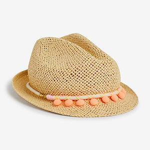 Pink Pom Pom Straw Trilby Hat (3-12yrs)