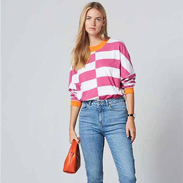 Pink/White Long Sleeve Stripe Cuff T-Shirt