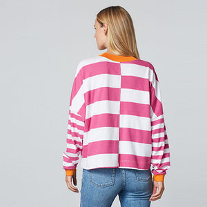 Pink/White Long Sleeve Stripe Cuff T-Shirt