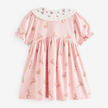 Load image into Gallery viewer, Pink Bunny Peter Pan Collar Puff Sleeve Cotton Jersey Dress (3mths-6yrs)
