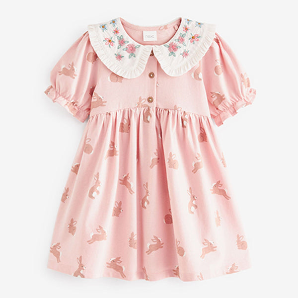 Pink Bunny Peter Pan Collar Puff Sleeve Cotton Jersey Dress (3mths-6yrs)