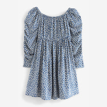 Load image into Gallery viewer, Blue Ditsy Printed Ruched Sleeve Dress (3-12yrs)
