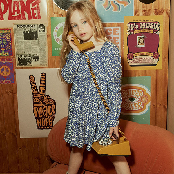 Blue Ditsy Printed Ruched Sleeve Dress (3-12yrs)