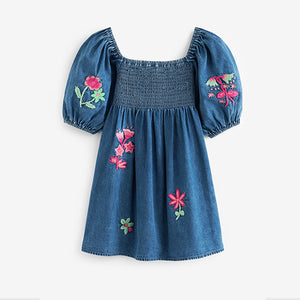 Blue Denim Embroidered Short Sleeve Dress (3-12yrs)