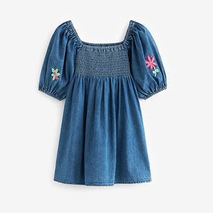 Blue Denim Embroidered Short Sleeve Dress (3-12yrs)