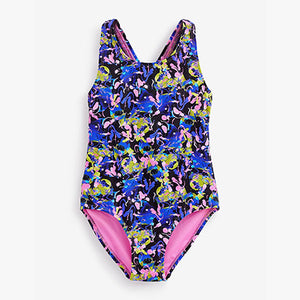 Pink/Black Marble Sports Cross-Back Swimsuit (3-12yrs)