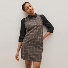 Load image into Gallery viewer, Brown Check Layered Pinafore 2-in-1 Shirt Dress
