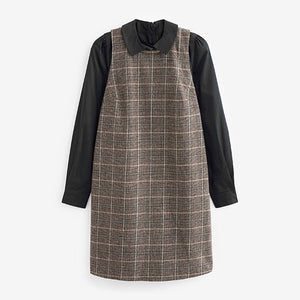 Brown Check Layered Pinafore 2-in-1 Shirt Dress