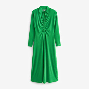 Green Long Sleeve Ruched Front Shirt Midi Dress