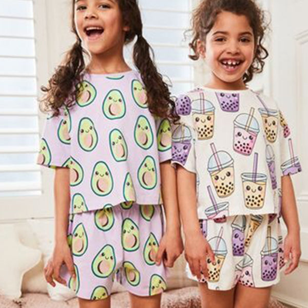 Lilac Purple/Cream Avocado/Bubble Tea Character 2 Pack Short Pyjamas (3-12yrs)