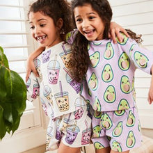 Load image into Gallery viewer, Lilac Purple/Cream Avocado/Bubble Tea Character 2 Pack Short Pyjamas (3-12yrs)
