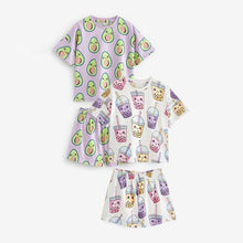 Load image into Gallery viewer, Lilac Purple/Cream Avocado/Bubble Tea Character 2 Pack Short Pyjamas (3-12yrs)
