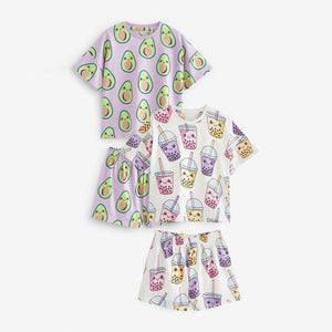 Lilac Purple/Cream Avocado/Bubble Tea Character 2 Pack Short Pyjamas (3-12yrs)