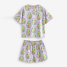 Load image into Gallery viewer, Lilac Purple/Cream Avocado/Bubble Tea Character 2 Pack Short Pyjamas (3-12yrs)
