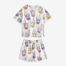 Load image into Gallery viewer, Lilac Purple/Cream Avocado/Bubble Tea Character 2 Pack Short Pyjamas (3-12yrs)
