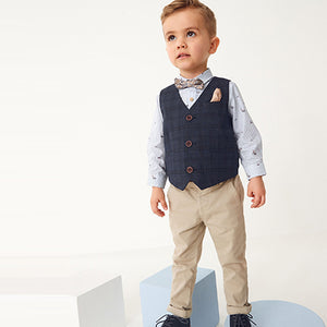 Navy Blue Check Waistcoat Set With Shirt & Bow Tie (3mths-6yrs)