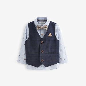 Navy Blue Check Waistcoat Set With Shirt & Bow Tie (3mths-6yrs)