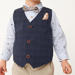 Navy Blue Check Waistcoat Set With Shirt & Bow Tie (3mths-6yrs)