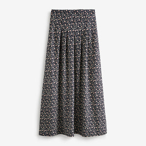 Navy Blue Ditsy Pleat Front Detail Maxi Skirt