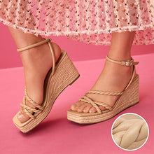 Load image into Gallery viewer, Nude Forever Comfort® Twist Strap Detail Square Toe Wedge Sandals
