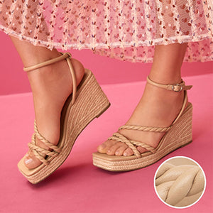 Nude Forever Comfort® Twist Strap Detail Square Toe Wedge Sandals