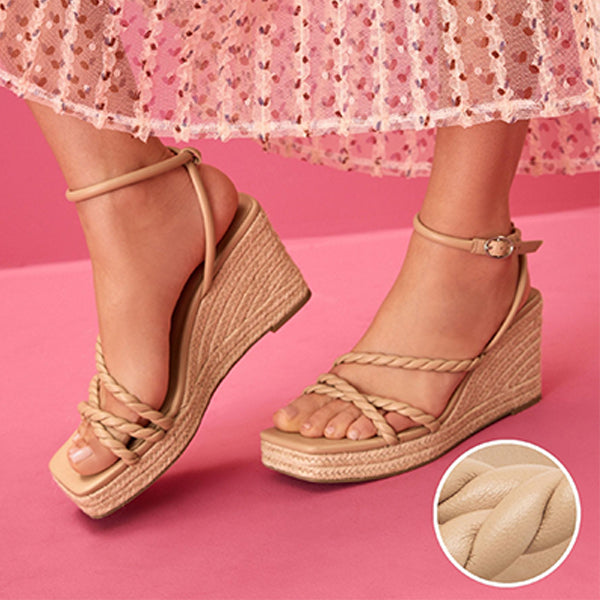 Nude Forever Comfort® Twist Strap Detail Square Toe Wedge Sandals