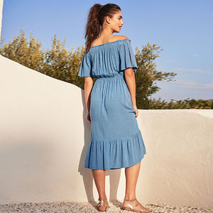 Blue Off Shoulder Midi Summer Dress